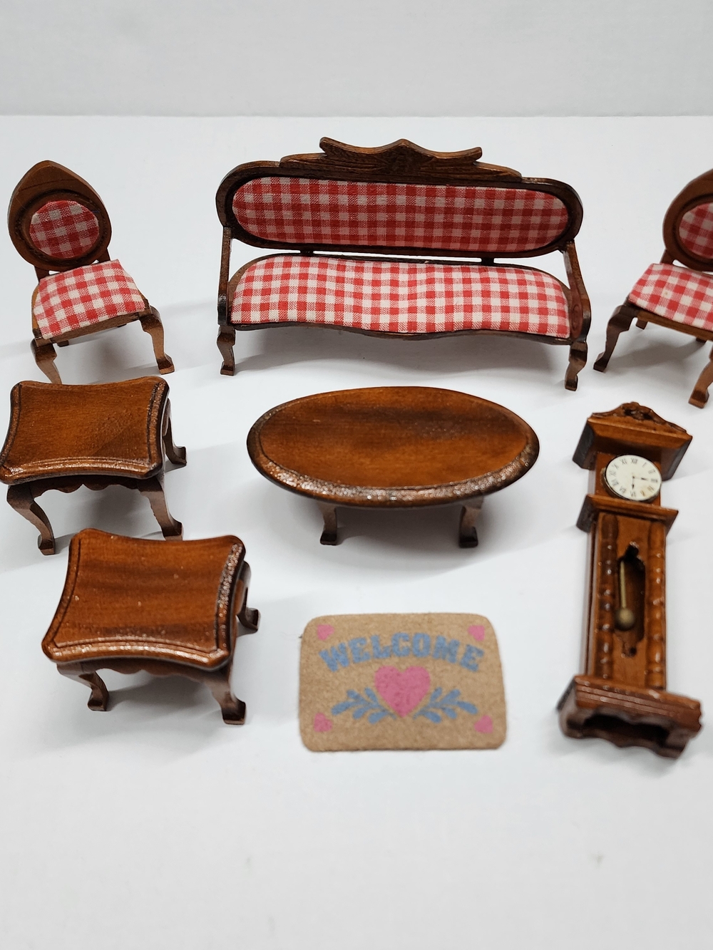 Vintage Doll House Miniature Wooden Living Room Set 1:12 Scale Couch Clock Table